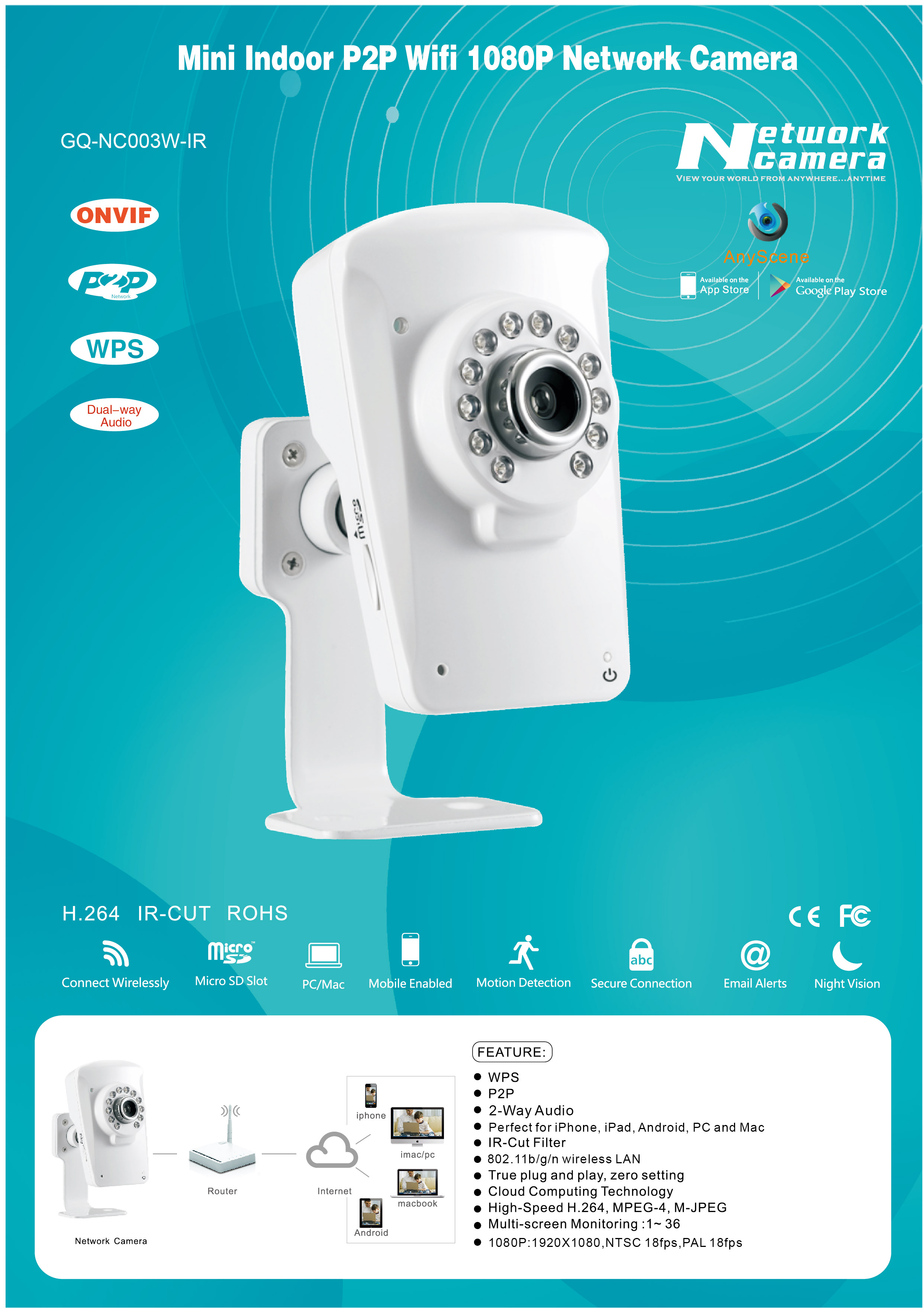 NC003W-IR Mini Indoor 1080P P2P Wifi Network Camera